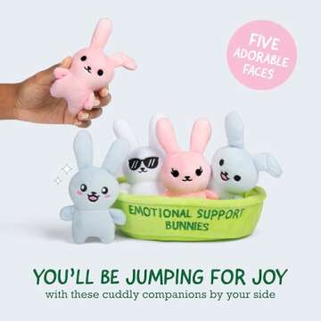 WHAT DO YOU MEME? Emotional Support Bunnies by Relatable, Cuddly Stuffed Animals and Toys, Squishy Toys and Plushies, Great Ideas for Loved Ones of All Ages, Includes 5 Plushies with Carrying Basket