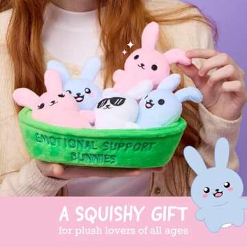 WHAT DO YOU MEME? Emotional Support Bunnies by Relatable, Cuddly Stuffed Animals and Toys, Squishy Toys and Plushies, Great Ideas for Loved Ones of All Ages, Includes 5 Plushies with Carrying Basket