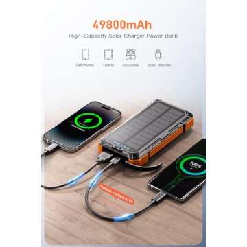 Solar Portable Charger 49800mAh Wireless Power Bank with 4 Built-in Cables Battery Pack, USB-C In&Out Put 15W Fast Charging Compatible with iPhone, Samsung, iPad, LED Flashlight Perfect for Camping