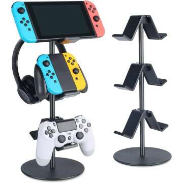 Controller Stand 3 Tier,Headphone Holder,KELJUN Multi Adjustable Game Controller Headset Hanger for All Universal Gaming PC Accessories, Xbox PS4 PS5 Nintendo Switch(Smart Black)