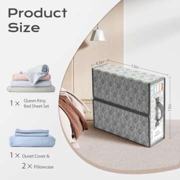 Yecaye 4 Pack Sheet Organizers and Storage, Bed Sheet Organizer for Linen Closet, Foldable Sheet Set Organizer with Clear Window and Label (Queen & King Size), Bedding Storage Box Container, Grey