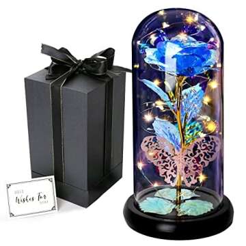 Galaxy Rose Gifts for Women, Beauty and The Beast Rose, Rose in Glass Dome Butterfly Gifts for Mothers Day Light Up Eternal Rose for Birthday Christmas Wedding Valentine's Day (Blue