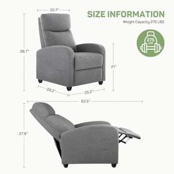 Recliner Chair with Massage and Lumbar Support, Small Fabric Home Theater Seating, Adjustable Modern Reclining Chair for Adults in Living Room