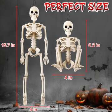 6 Pack Halloween Skeleton Decorations - 16" Poseable Skeletons with Full Body Movable Joints, Indoor and Outdoor Spooky Décor for Halloween Parties, Haunted Houses, and Yard Decorations