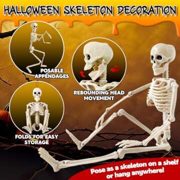 6 Pack Halloween Skeleton Decorations - 16" Poseable Skeletons with Full Body Movable Joints, Indoor and Outdoor Spooky Décor for Halloween Parties, Haunted Houses, and Yard Decorations