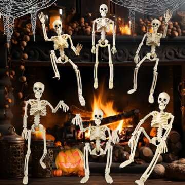 6 Pack Halloween Skeleton Decorations - 16" Poseable Skeletons with Full Body Movable Joints, Indoor and Outdoor Spooky Décor for Halloween Parties, Haunted Houses, and Yard Decorations