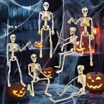 6 Pack Halloween Skeleton Decorations - 16" Poseable Skeletons with Full Body Movable Joints, Indoor and Outdoor Spooky Décor for Halloween Parties, Haunted Houses, and Yard Decorations