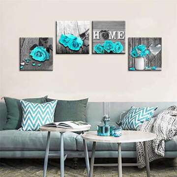 Wall Decor for Living Room Teal Blue Rose Flower Bathroom Decor Bedroom Wall Decor Black and White Canvas Art Home Love Couple Women Gifts Theme Modern Frame Pictures Turquoise Rustic Sets 14 inch