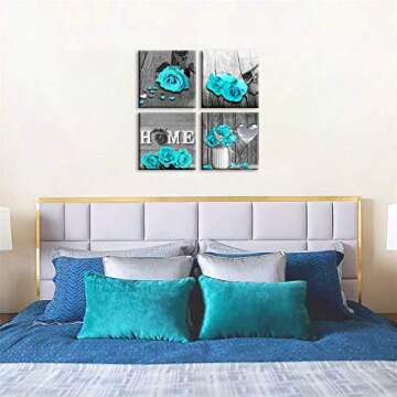 Wall Decor for Living Room Teal Blue Rose Flower Bathroom Decor Bedroom Wall Decor Black and White Canvas Art Home Love Couple Women Gifts Theme Modern Frame Pictures Turquoise Rustic Sets 14 inch