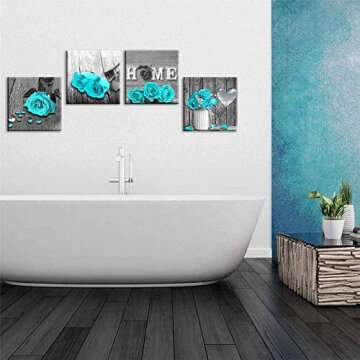 Wall Decor for Living Room Teal Blue Rose Flower Bathroom Decor Bedroom Wall Decor Black and White Canvas Art Home Love Couple Women Gifts Theme Modern Frame Pictures Turquoise Rustic Sets 14 inch