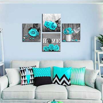 Wall Decor for Living Room Teal Blue Rose Flower Bathroom Decor Bedroom Wall Decor Black and White Canvas Art Home Love Couple Women Gifts Theme Modern Frame Pictures Turquoise Rustic Sets 14 inch