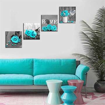 Wall Decor for Living Room Teal Blue Rose Flower Bathroom Decor Bedroom Wall Decor Black and White Canvas Art Home Love Couple Women Gifts Theme Modern Frame Pictures Turquoise Rustic Sets 14 inch