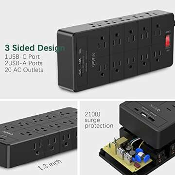 Power Strip 23 in 1, 20 Outlets Surge Protector Wall Mount with 2 USB Ports + 1 USB C Port 3.1A Total, Multi Plug Extension Cord 6ft Heavy Duty, Office Desk Accessories for Gaming, Studio