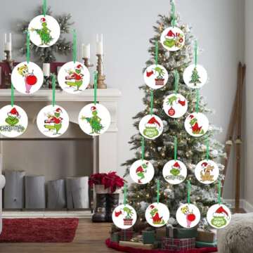 Grinchmas Christmas Decorations Christmas Tree Ornaments Pre-Assembled Double Sided Paper Round Xmas Hanging Decor for Indoor Home Party 24pcs