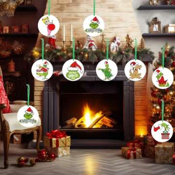 Grinchmas Christmas Decorations Christmas Tree Ornaments Pre-Assembled Double Sided Paper Round Xmas Hanging Decor for Indoor Home Party 24pcs