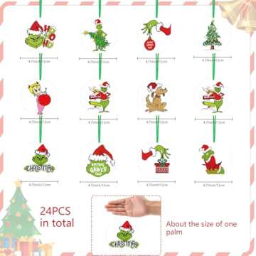 Grinchmas Christmas Decorations Christmas Tree Ornaments Pre-Assembled Double Sided Paper Round Xmas Hanging Decor for Indoor Home Party 24pcs