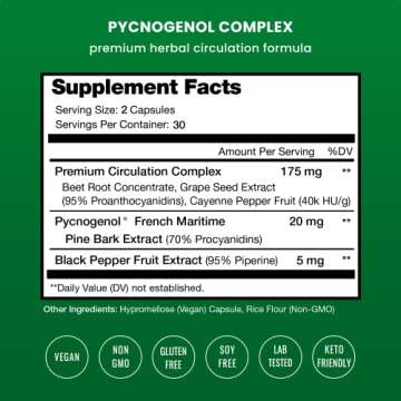 NutraChamps Pycnogenol French Maritime Pine Bark Extract, Premium Circulation Complex, Blood Flow, Nitric Oxide Production, Superior Absorption, Results with Black Pepper Extract, 60 Capsules