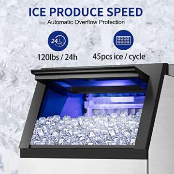 Commercial Ice Maker Machine 120Lbs/24H with 35Lbs Ice Capacity, 45Pcs Clear Ice Cubes Ready in 11-20Mins, Stainless Steel Under Counter Freestanding Large Ice Machine, 2 Water Inlet Modes