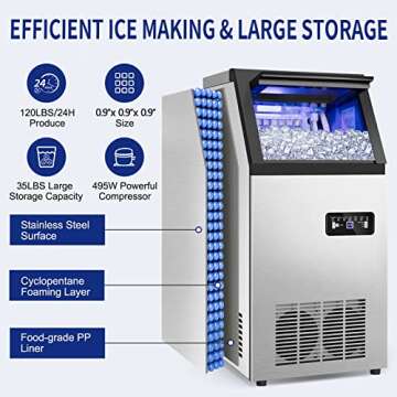 Commercial Ice Maker Machine 120Lbs/24H with 35Lbs Ice Capacity, 45Pcs Clear Ice Cubes Ready in 11-20Mins, Stainless Steel Under Counter Freestanding Large Ice Machine, 2 Water Inlet Modes