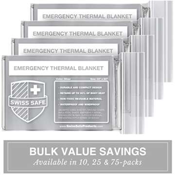 Swiss Safe Emergency Mylar Thermal Blankets + Bonus Space Blanket, 4-Pack