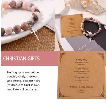 FIRAZIO 8Pcs Christian Gifts for Women Men, Inspirational Gifts Natural Stone Cross Bracelet with Bible Verse Prayers Card Religious Gifts for Women Friends