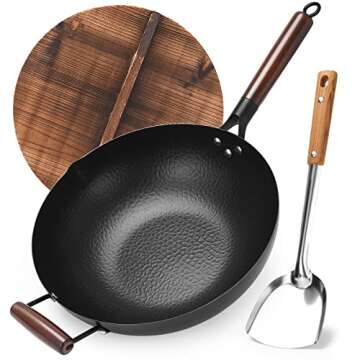 Cookeriess Hand Hammered Carbon Steel Wok, Wooden Lid & Asian Spatula with Wooden Handle - Stir Fry Pan for Chinese, Japanese, and Cantonese Cuisine – Flat Bottom Wok for Asian Cooking by Cookeries