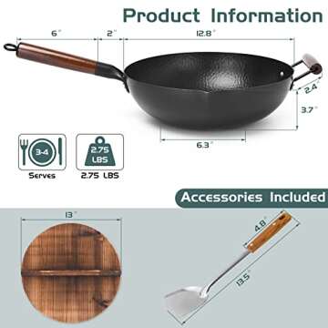 Cookeriess Hand Hammered Carbon Steel Wok, Wooden Lid & Asian Spatula with Wooden Handle - Stir Fry Pan for Chinese, Japanese, and Cantonese Cuisine – Flat Bottom Wok for Asian Cooking by Cookeries