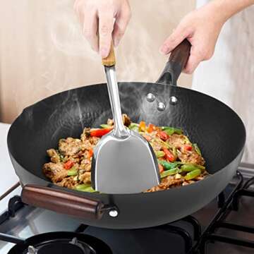 Cookeriess Hand Hammered Carbon Steel Wok, Wooden Lid & Asian Spatula with Wooden Handle - Stir Fry Pan for Chinese, Japanese, and Cantonese Cuisine – Flat Bottom Wok for Asian Cooking by Cookeries