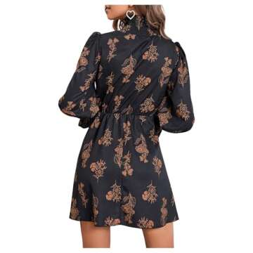 Floerns Women's Mock Neck Long Sleeve Floral Print Ruffle Short Dress Black Multi M