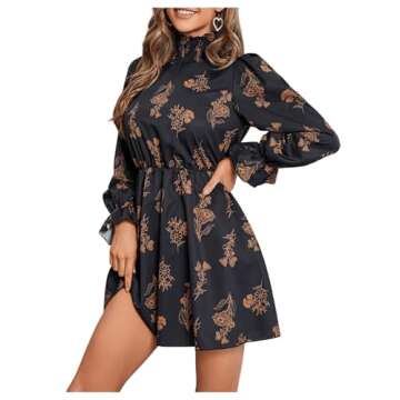 Floerns Women's Mock Neck Long Sleeve Floral Print Ruffle Short Dress Black Multi M