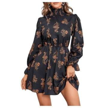 Floerns Women's Mock Neck Long Sleeve Floral Print Ruffle Short Dress Black Multi M