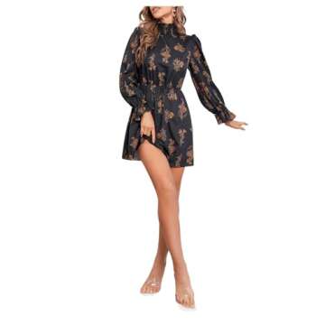 Floerns Women's Mock Neck Long Sleeve Floral Print Ruffle Short Dress Black Multi M