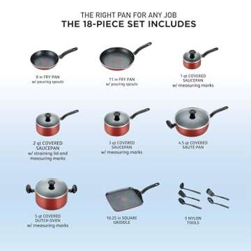 T-fal Initiatives Nonstick Cookware Set 18 Piece, Oven Broiler Safe 350F, Kitchen Cooking Set w/ Fry Pans, Saucepans, Saute Pan, Dutch Oven, Griddle, Pots and Pans, Home, Dishwasher Safe, Red