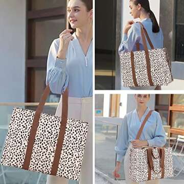 Laptop Tote Bag for Women Work Shoulder Bags 15.6 inch Canvas Laptop Computer Purse Messenger Teacher Handbag Business Office Briefcase (Leopard - Apricot)