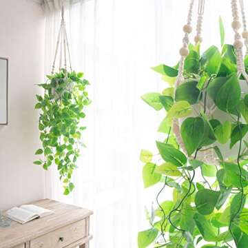 Mkono Fake Hanging Plant with Pot, Artificial Plants for Home Decor Indoor Macrame Plant Hanger with Fake Vines Greenery for Bedroom Bathroom Kitchen Office Decor, Ivory (Pothos)