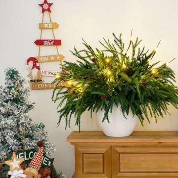 Norfolk Pine Christmas Branches with Lights & Pine Cones