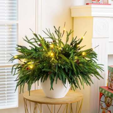 Norfolk Pine Christmas Branches with Lights & Pine Cones