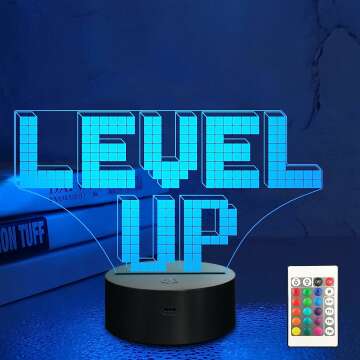 Lampeez Kids Pixel Game Level Up 3D Night Light Optical Illusion Lamp with Timer 16 Colors Remote Control Changing Birthday Gift Idea Gaming Room Gamer Gift Room Decor