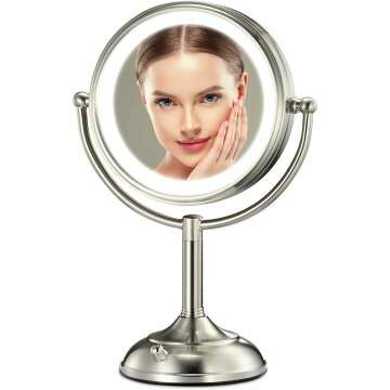 Professional 8.5" Large Lighted Makeup Mirror Updated with 3 Color Lights, 1X/10X Magnifying Swivel Vanity Mirror with 48 Premium LED Lights, Brightness Dimmable Cosmetic Mirror, Senior Pearl Nickel