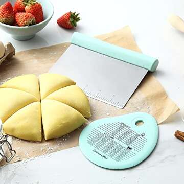 Spring Chef Bench Scraper - Stainless Steel Dough Cutter Tool with Bowl Pastry Scraper for Pizza, Bread, Pie - Dough Knife - Kitchen Dough Scraper for Baking - Food Scraper with Markings - Mint