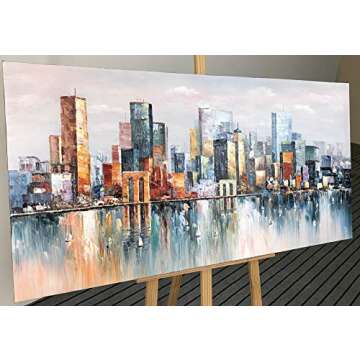 Bouvy Art,24x48Inch 100% Hand Painted City Skyline Framed Oil Paintings on Canvas Abstract Urban Landscape Artwork Modern Cityscape Wall Art Oil Hand Painting for Dinning Room Office