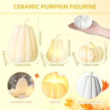 Domensi 3 Pcs Thanksgiving Lighted Ceramic Pumpkin Decorations Fall Pumpkin Table Centerpiece Gifts, Porcelain White Pumpkin Figurines for Indoor Harvest Tabletop Autumn Christmas Winter Decor