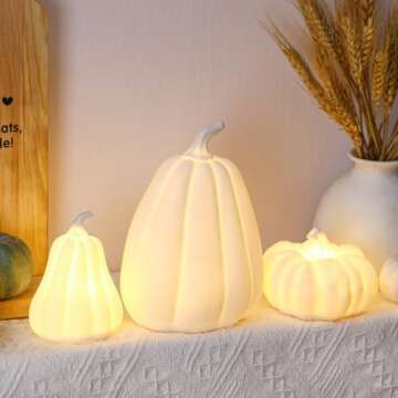 Domensi 3 Pcs Thanksgiving Lighted Ceramic Pumpkin Decorations Fall Pumpkin Table Centerpiece Gifts, Porcelain White Pumpkin Figurines for Indoor Harvest Tabletop Autumn Christmas Winter Decor