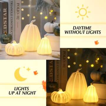 Domensi 3 Pcs Thanksgiving Lighted Ceramic Pumpkin Decorations Fall Pumpkin Table Centerpiece Gifts, Porcelain White Pumpkin Figurines for Indoor Harvest Tabletop Autumn Christmas Winter Decor