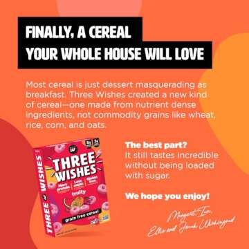 Plant-Based and Vegan Breakfast Cereal by Three Wishes - Fruity, 1 Pack - More Protein and Less Sugar Snack - Gluten-Free, Grain-Free - Non-GMO