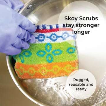 Skoy Scrub, 2-pack Reusable, Non-Scratching Dish Scrubber for Kitchen and Household Cleaning, Planet-Friendly, Dishwasher Safe Soft Scrub, Assorted Colors and Designs