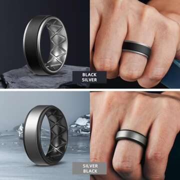 Egnaro Silicone Rings for Men 1/4/6 Multipack of Breathable Mens Silicone Rubber Wedding Rings Bands - Step Edge