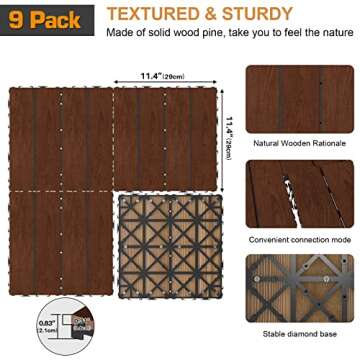 Goovilla Wood Interlocking Deck Flooring Tiles, 9 Pack Wood Floor Tiles, 12x12" Waterproof Patio Deck Tile, Outdoor Flooring All Weather Use, Patio Floor Decking Tiles for Indoor Porch Balcony, Walnut