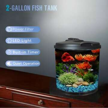 Koller Products AquaView 2-Gallon Plastic 360 Aquarium with Power Filter & LED Lighting for Tropical Fish - Betta Fish