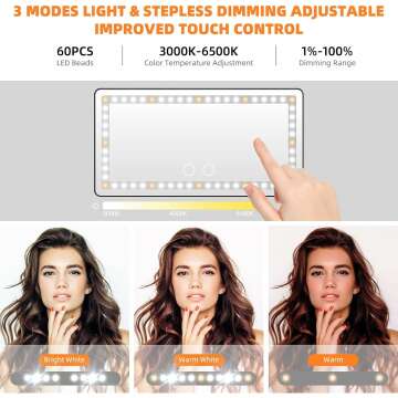 Car Sun Visor Vanity Mirror, Rechargeable Makeup Mirror with 3 Light Modes & 60 LEDs - Dimmable Clip-on Rear View Sun-Shading Cosmetic Mirror, Universal for Car SUV(Black)